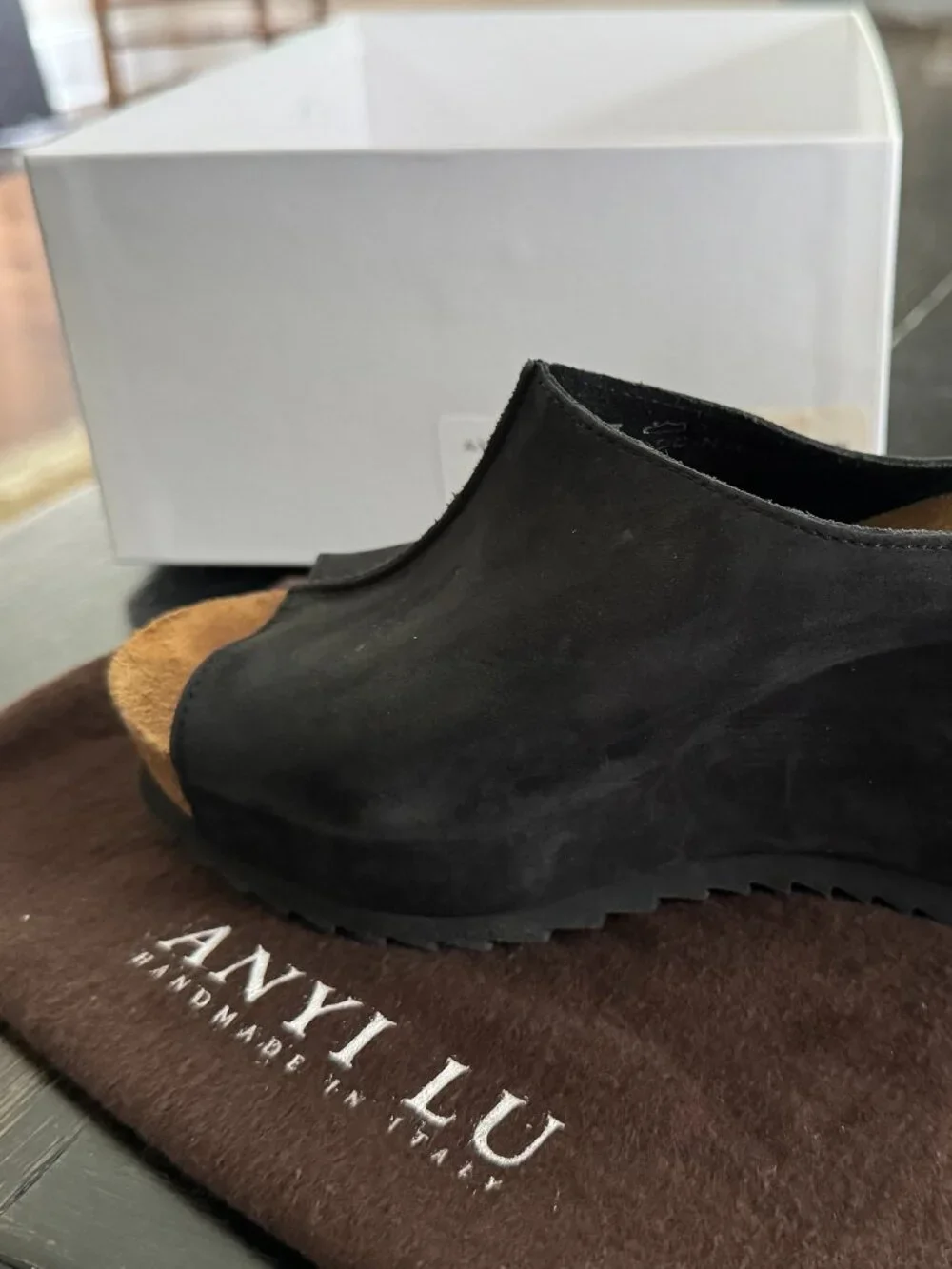 Anyi Lu Black Soft Suede Peep Toe Wedge Mules Slip On